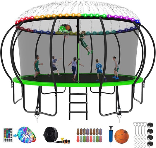 SKYUP 2026 Upgraded 8 10 12 14 15 16 FT 1500lbs Tranpoline for Kids and Adults with Light+Sprinkler+Socks, Recreational Tranpoline with Basketball Hoop, Ladder, ASTM Approved Tranpoline for 7-10 Kids