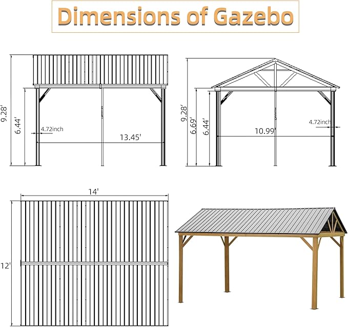 Domi 12’x14’ Hardtop Gazebo Outdoor Aluminum Gazebo with Galvanized Steel Gable Roof for Lawn and Garden(Wood-Looking)