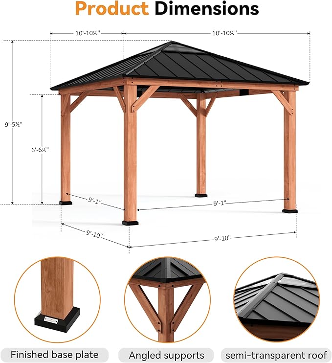 Modern Shade Tranquil Grove Wood Gazebo 11' x 11', Wooden Gazebo with Polycarbonate Hip Roof Hardtop, Mosquito Netting and Curtains, Permanent Hardtop Pavilion with Sturdy Hooks for Garden, Backyard