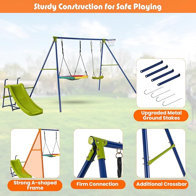 Costzon Swing Sets for Backyard, 4-in-1 Heavy Duty Large Metal Swing Frame w/2 Adjustable Swings, Slide, Basketball Hoop, Play Equipment for Indoor Outdoor, Gift for Kids