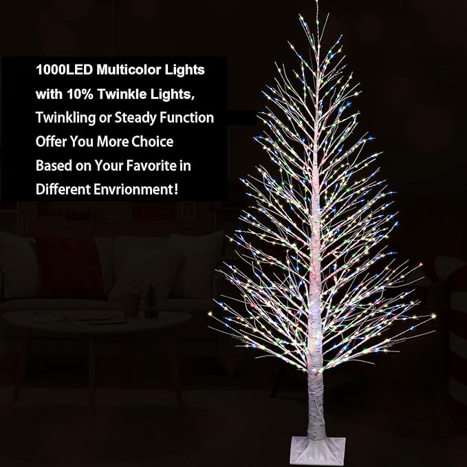 7FT Lighted Birch Tree 1000 LED Multicolor Light with Twinkle Lights, Twinkling or Steady Function for Selected, LED Christmas Tree with Lights for Indoor Outdoor Christmas Decoration