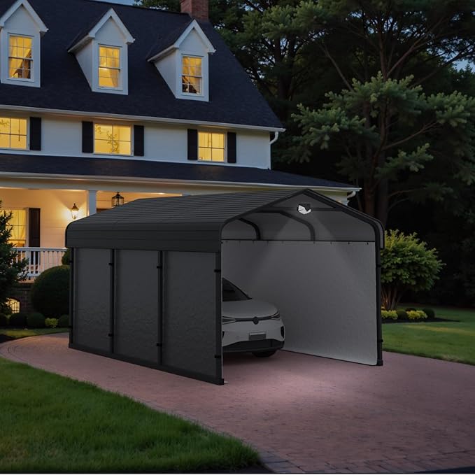 10x15 Metal Carport, Galvanized Steel Roof Car Port with Remvoable Polyethylene Sidewalls