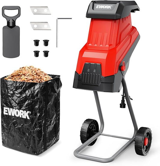 EWORK 15-Amp Electric Wood Chipper Shredder, Brushless Motor Garden Mulcher for Composting & Yard Waste, 1.77 Cutting Capacity Branch Crusher with 15:1 Reduction Ratio, 4500 RPM Silent Design