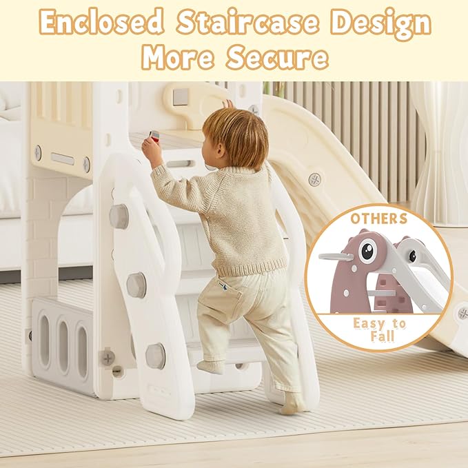 XJD 5 in 1 Toddler Slide, Kids Slide for Toddlers Age 1-3, Outdoor Indoor Playset for Toddlers with Basketball Hoop and Ball, Storage Space Birthday Gifts for Toddler (Beige)