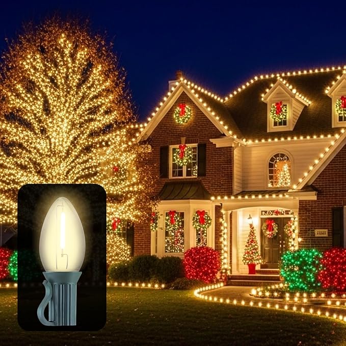 25FT C7 LED Christmas Lights Outdoor String with 27 Clear Plastic Energy-Efficient Waterproof Bulbs for Roofline, Christmas Tree,Patio,Garden,Wedding & Holiday Decor