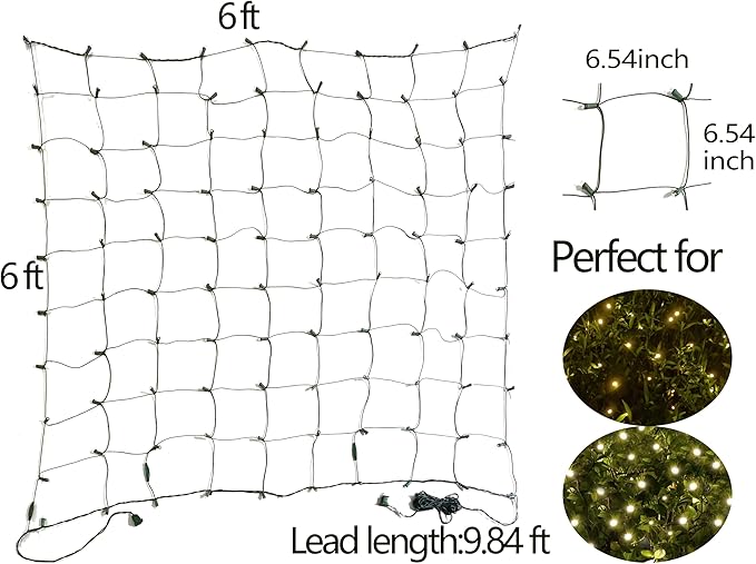 LED Christmas Net Lights Outdoor Decorations for Bushes,144LED 6ftx6ft Connectable Green Wire Net Christmas Lights for Outdoor Indoor Yard Mesh Shrub Tree Decor,UL Certified(Warm White)