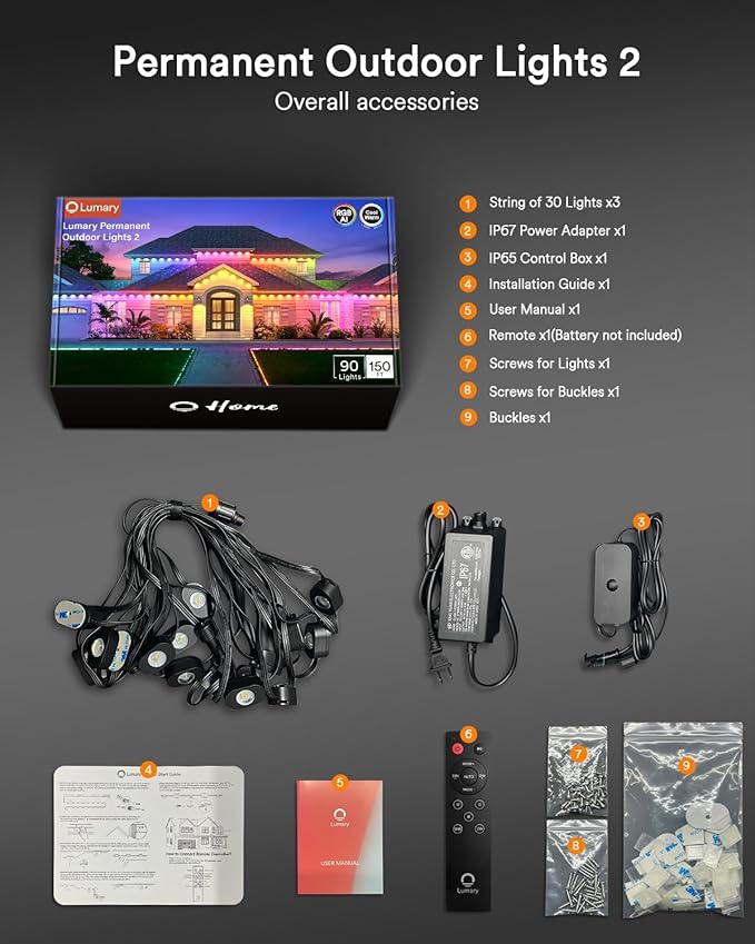 Lumary Smart Permanent Outdoor Lights 2 with Remote, 150ft with 90 RGBAICW LEDs 5400lm for Daily and Accent Lighting, 110+ Scenes for Halloween Christmas Decor, Compatible with Alexa Google, Black