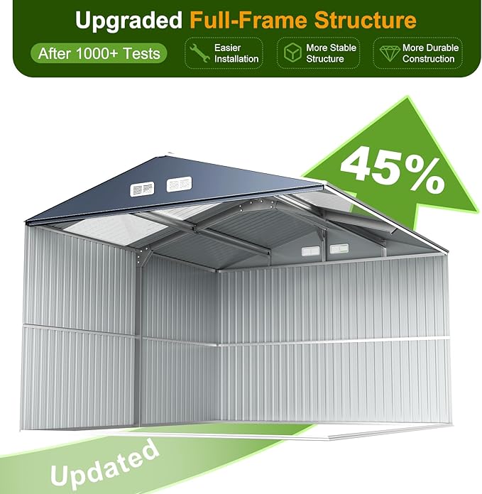 12x10 FT Metal Sheds & Outdoor Storage: Heavy Duty Garden Sheds with Dual Transparent Roof Panels, DIY-installable Windows & Lockable Doors, Weatherproof Tool Shed for Backyard, Garden, Patio, Grey
