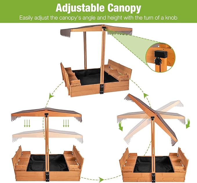 Kids Sandbox with Lid Sand Box with Cover,Foldable Bench Seats, Adjustable Height Roof,Bottom Liner