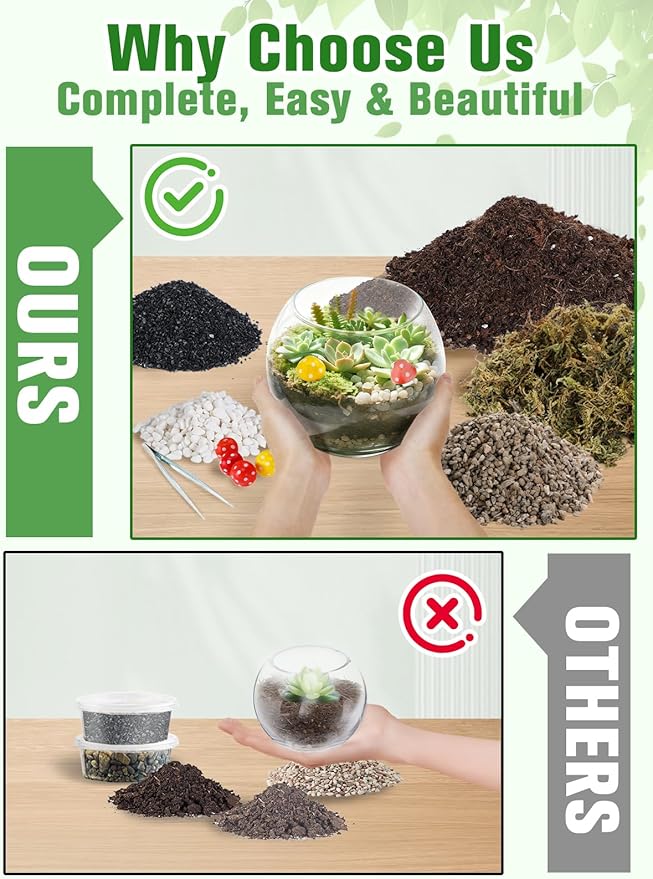 Terrarium Kit Adults - Includes Pumice, Moss, Soil, Pebbles, Charcoal, 2 Tools, Mushroom Ornaments for Succulent Cactus, Christmas Terrarium Accessories Decor Gifts for Starter Women