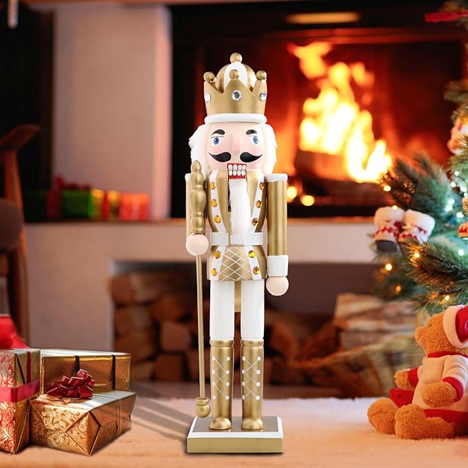 Christmas Nutcrackers Figure 15Inch 1PCS Wooden Nutcracker Ornament Nutcracker Christmas Decoration Figures for Desktop Home Decor Kids Gift Gold