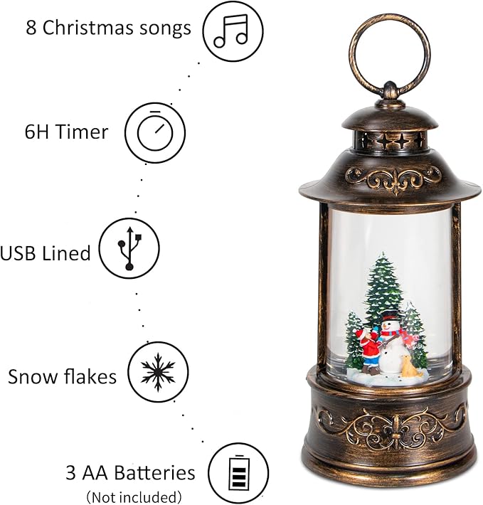 Christmas Snow Globes, Glittering Snowman Christmas Tree Christmas Lantern with 8 Christmas Music Songs, USB & Battery Operated 6h Timer Christmas Music Box for Christmas Decor Indoor Tabletop Gifts