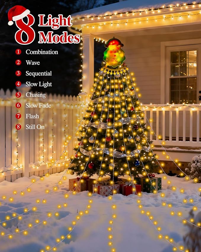 Christmas Decorations Outdoor String Lights - 335 LED 11.48ft 9 Strands Waterfall Tree Lights with Topper, 8 Lighting Modes Christmas Lights Indoor Decorative for Wedding Yard Party Home