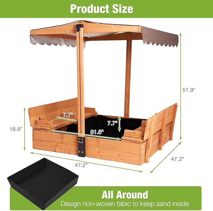 Kids Sandbox with Lid Sand Box with Cover,Foldable Bench Seats, Adjustable Height Roof,Bottom Liner