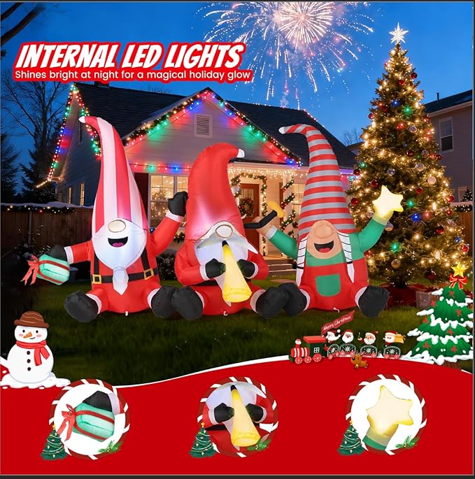 Christmas Decorations Inflatables Outdoor, 7.55FT Long Gnome Xmas Blow Up Built-in LED Lights with Trumpets, Stars and Gift Box Holiday Decor for Garden Lawn Yard Patio Bistro Indoor