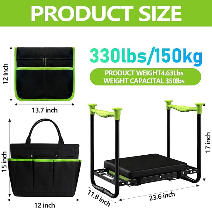Garden Kneeler and Seat, Heavy Duty Gardening Stool with 1.8 Thick Detachable Kneeling Pad, Foldable Bench Chair with Tool Pouch and Bag for Knee & Back Pain Relief for Women, Men, Seniors (Green)