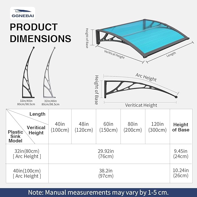 Awning for Door Entrance,40x40 inches Window Awnings for Doors Canopy Polycarbonate Cover Patio Door Awning UV Rain Snow Sunlight Protection Hollow Shee