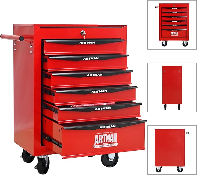 RYH 6 Drawers Rolling Tool Chest - Heavy Duty Mobile Tool Cart with Locking Wheels & Ball Bearing Drawers, 30.5 H x 20.9 W x 13 D Garage Tool Storage Cabinet (Red, 6 Drawers)