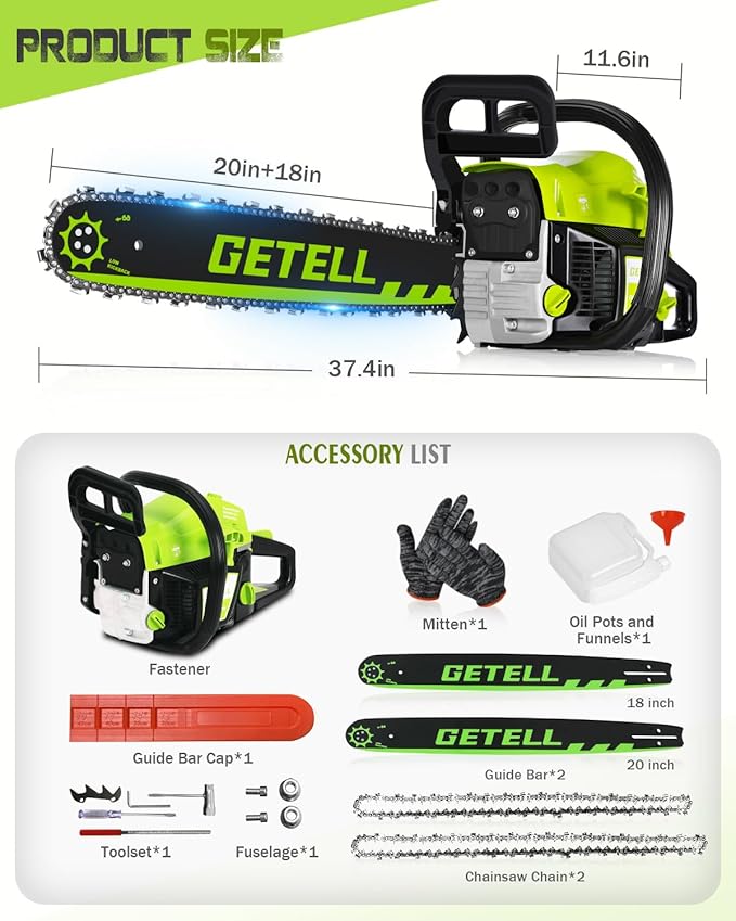 58cc Gas Chainsaw 20 Inch & 18 Inch Bar – 3.6 HP Gas Powered Chainsaw with Easy-Start, Pro Anti-Vibration for Farm, Ranch, and Ranch & Heavy-Duty Work (G338 PRO)