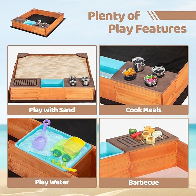 Kids Sandbox with Kitchen Playset, 2 in 1 Wood Sand Pit with Cover & Bottom Liner, Outdoor Toddler Sand Box with Corner Seats, Storage Bin, Sink & Cooking Accessories for Garden Beach Backyard