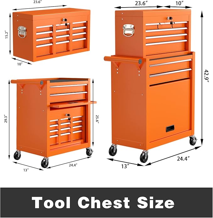 8-Drawer Rolling Tool Chest, High Capacity Removable Tool Storage Cabinet, Detachable Toolbox with Lock for Garage Warehouse and Tool Room (Orange)