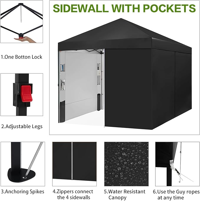 10X10 Comercial Pop Up Canopy Tent with 4 Sidewalls and 6 Pockets, One Push Setup Center Lock, for Beach Patio Outdoor, Case, 8 Stakes, 4 Ropes, 4 Sandbags (Pitch Black)