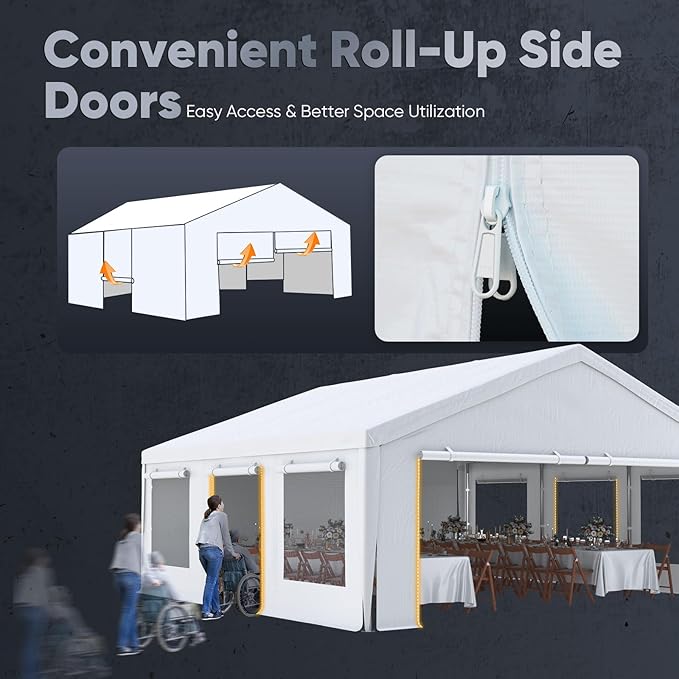 Quictent 20x20 ft Heavy Duty 2 Car Carports with Side Zipper Doors & Snowproof Steel Cables & Ventilated Windows, Waterproof Storage Shelter for Car, Boat, Outdoor Equipment, Gray