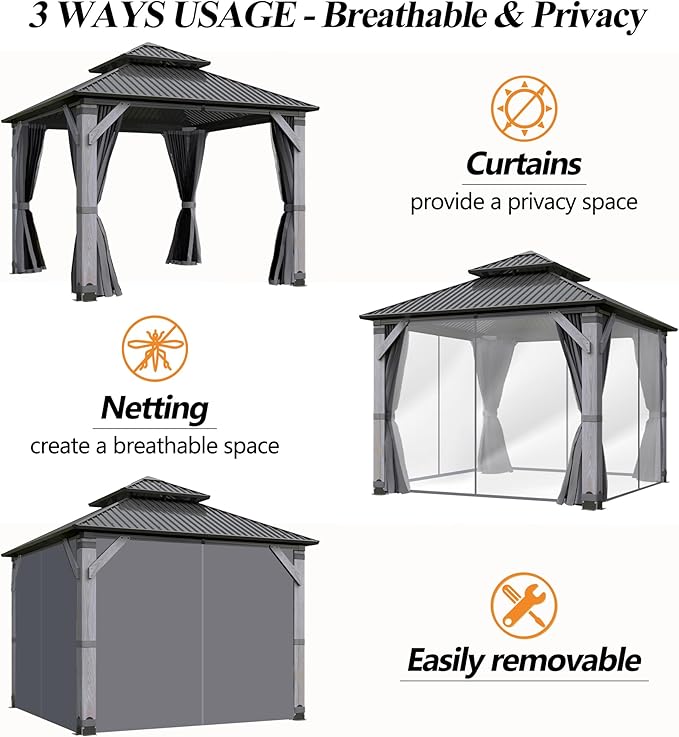 GARTOO 8.5' x 8.5' Outdoor Wood Gazebo - Permanent Wooden Hardtop Gazebo Pavilion with Double Curtains, Galvanized Steel Roof Cedar Wood Gazebos for Poolside, Backyard Deck, Garden, Lawn