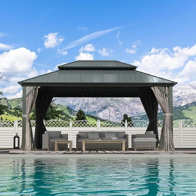 Domi 12’ X 16’ Hardtop Gazebo Canopy with Netting & Curtains, Outdoor Metal Gazebo with Galvanized Steel Double Roof for Patio Lawn and Garden, Gray