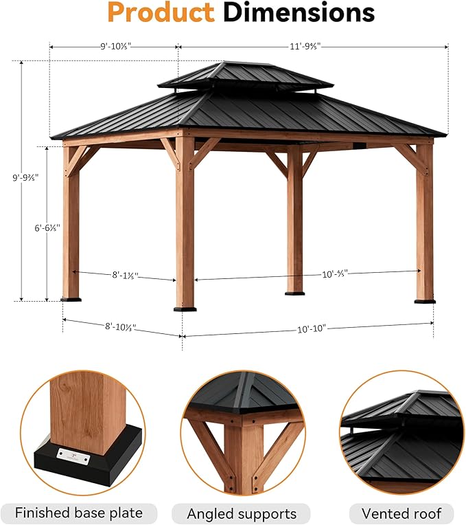 Modern Shade Rosewood Wood Gazebo 10' x 12', Cedar Framed Grill Gazebo with Double Galvanized Steel Roof, Mosquito Netting and Curtains, Permanent Hardtop with Sturdy Hooks for Garden, Backyard, Patio