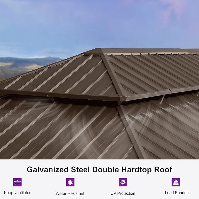 PURPLE LEAF 14' X 24' Outdoor Hardtop Gazebo Patio Wide Aluminum Frame Galvanized Steel Double Roof with Heavy Duty Netting and Curtains for Permanent Hard Top Pavilion Screen,Khaki