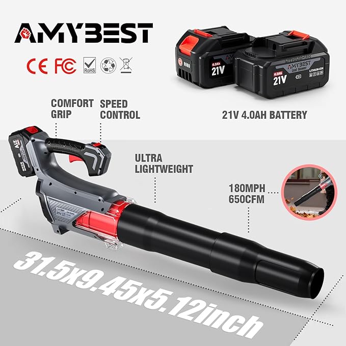 AMYBEST Leaf Blower Cordless, 21V Lightweight Electric Blower with 2 x 4.0Ah Batteries & Fast Charger, Variable Speed for Patio Cleaning, Lawn Care, Blowing Fallen Leaves and Dust (Gray)