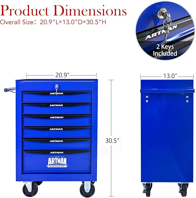 RYH 5 Drawers Rolling Tool Chest - 13 D x 20.9 W x 30.5 H Heavy Duty Mobile Tool Cart with Locking Wheels & Ball Bearing Drawers, Garage Tool Storage Cabinet (Blue, 5 Drawers)
