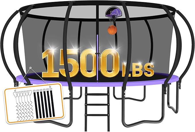 Tranpoline 1500LBS 8 10 12 14 15 16 FT Tranpoline for Kids and Adults Tranpoline with Enclosure Net, Wind Stakes, Basketball Hoop, Heavy Duty Recreational Tranpolines - ASTM Approved