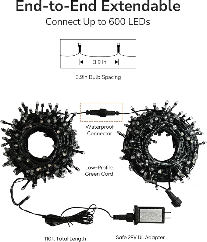ULG Upgraded 2-Pack 152FT 400 LED Christmas String Lights, Extendable Waterproof Fairy Lights with Memory Function, 8 Modes, Bubble Bulbs, Warm White, Adapter Included for Indoor/Outdoor Decor