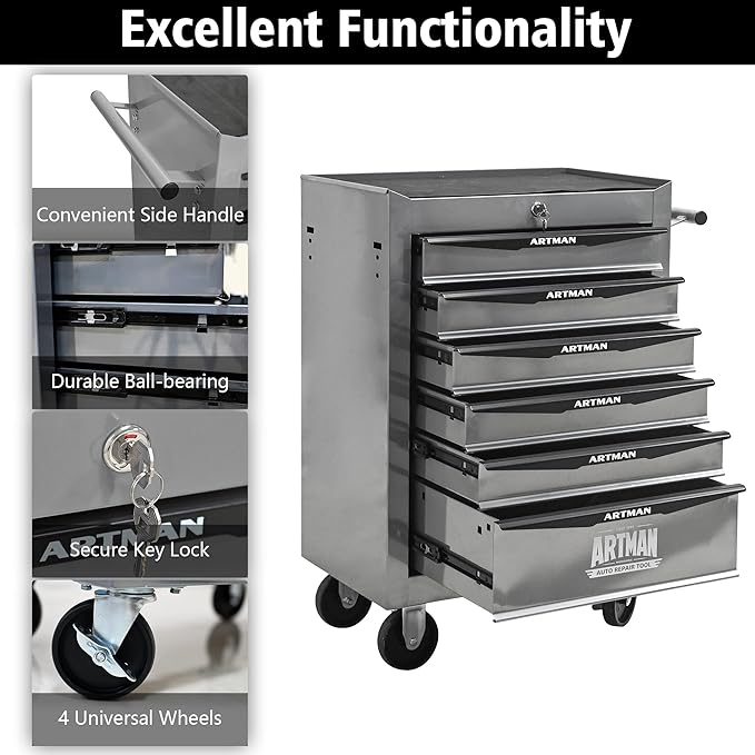 RYH 4-7 Drawers Rolling Tool Chest & Tool Box on Wheels | Heavy Duty Metal Cart with Ball Bearing Drawers | Fits US General Tool Box for Garage Storage (Silver, 6 Drawers£¨30.5 H ¡¿ 20.9 W ¡¿ 13 D)