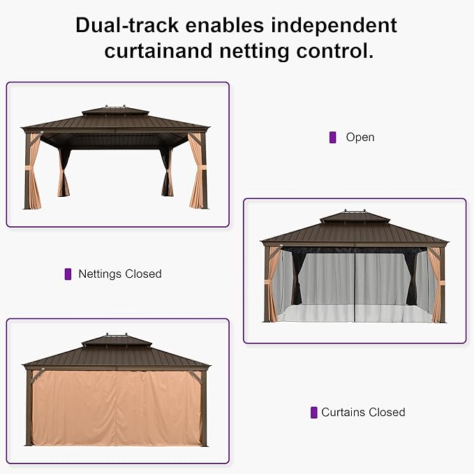 PURPLE LEAF 14' X 16' Outdoor Hardtop Gazebo Patio Wide Aluminum Frame Galvanized Steel Double Roof with Heavy Duty Netting and Curtains for Permanent Hard Top Pavilion Screen Khaki