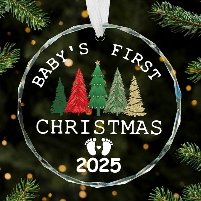 Horaldaily 3.15" Christmas Trees Glass Ornament 2025- Baby's First Christmas Round Decor - Xmas Tree, Holiday Presents, Gift Exchange Ideas Hanging Decor for New Mom New Dad