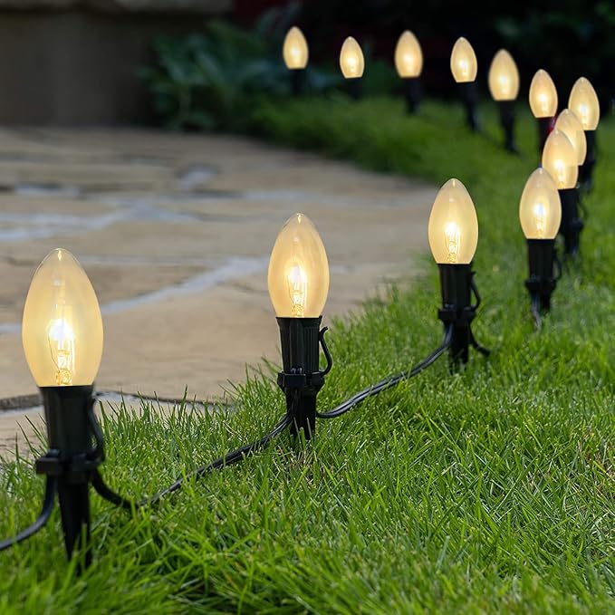 GOOTHY C9 Clear Christmas String Lights, 25Ft Outdoor Christmas Lights with 26 Warm White Bulbs, Hanging Roofline String Lights Vintage Christmas Lights UL Listed for Patio Garden Backyard Decor