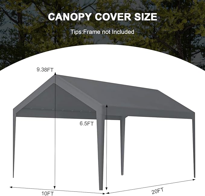 10x20 Carport Canopy Replacement Cover, 220g Heavy Duty Car Canopy Garage Tent Top Cover with Fabric Leg Pole Skirts and Ball Bungees (Frame is not Included) (Grey)