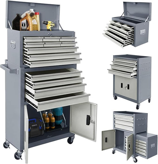 13-Drawer Rolling Tool Chest with Double Doors, 2 in 1 Detachable Rolling Tool Chest with Drawers, Mobile Tool Cabinet Combo, Metal Large Lockable Tool Box for Garage Workshop (Gray)