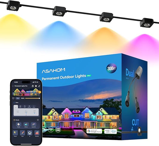 ASAHOM Permanent Outdoor Lights Pro S108E, 300FT with 216 RGBCW LEDs, WLED Integration, AI Lighting, 30000 Lighting Effect Combinations, IP67 Waterproof for Christmas New Year Daily Decor, Black