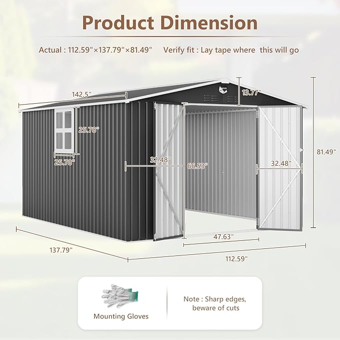 10x12 FT Outdoor Storage Shed, Metal Garden Shed - Tool Storage Sheds with Lockable Doors & 1 Clear Window, Waterproof Outside Storage Building for Backyard, Patio (Black; Floor Not Included)
