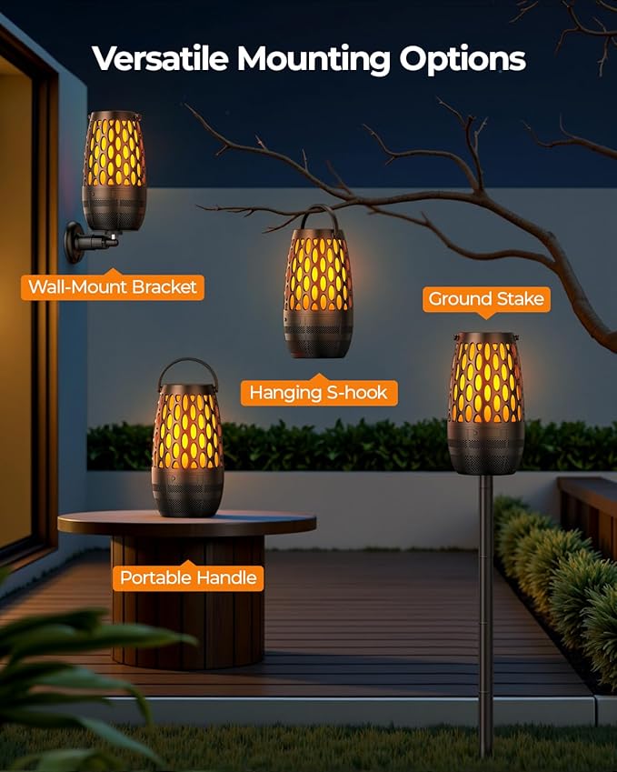 Outdoor Speakers Bluetooth Waterproof IPX6 with Flame Lights, Gadget Gifts for Dad, Hd Stereo Sound, BT 5.3 Multi-Sync to 100 Speakers, Portable Wireless Speaker for Patio Cafe Decor Party -1Pack