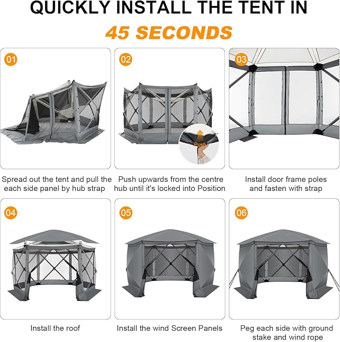 COBlZl Pop Up Gazebo 12x12 Screen House Tent for Camping, Outdoor Instant Stargazing Gazebo Canopy with Awning 2.0, Portable Hub Tent with Removable Sidewalls,Pavilion for Backyard,Gray
