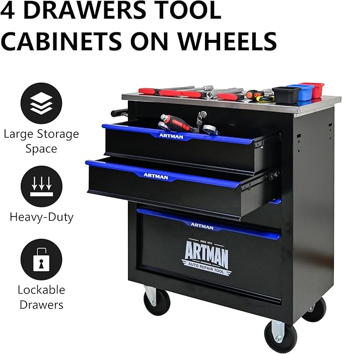 RYH 4/5/6/7 Drawers Rolling Tool Chest -Heavy Duty Mobile Metal Tool Box with Locking Wheels, with Stainless Steel Worktop, Garage Tool Storage Cabinet (Black-Blue, 4-Drawers 30.7 H¡¿25.9 W)