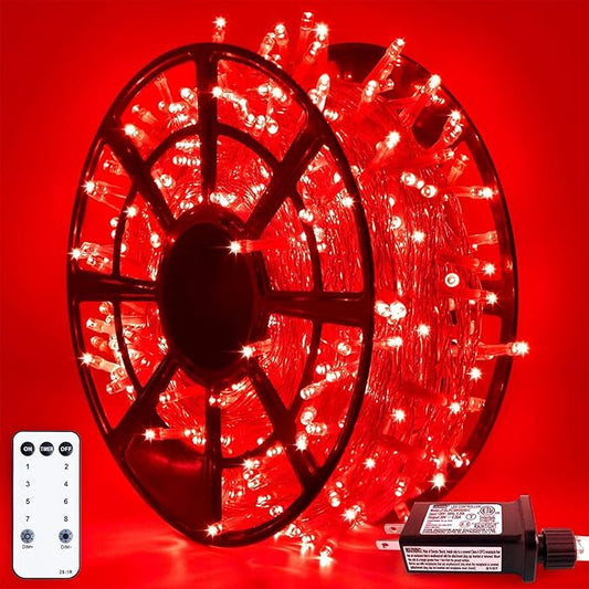 JMEXSUSS 500 LED Red Christmas Lights Indoor Outdoor, 163 FT Clear Wire Red Lights Plug in, 8 Modes Christmas Tree Lights Outdoor Waterproof for Xmas Tree Bedroom Room Halloween