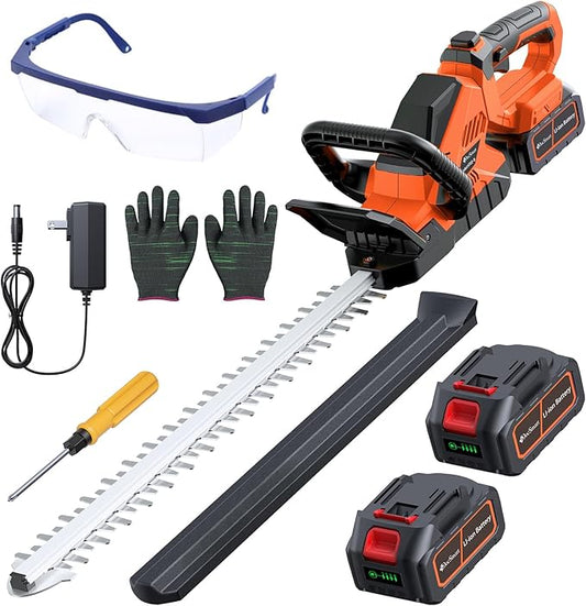 20'' Hedge Trimmer Cordless with 2pcs 4000mAh Battery, Electric Handheld Bush Clipper with Rechargeable Batteries, 3000RPM 180¡Æ Rotatable Head, 2/3'' Blade Gap Orange