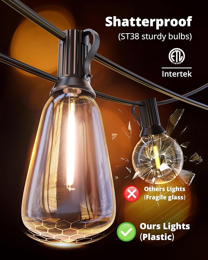 VIPAR Outdoor String Lights 100FT Patio Lights Outdoor Waterproof with 52 Shatterproof ST38 Vintage Edison Bulb, LED Outside Hanging Light for Backyard, Porch, Garden, Deck, Bistro, 2700K Dimmable