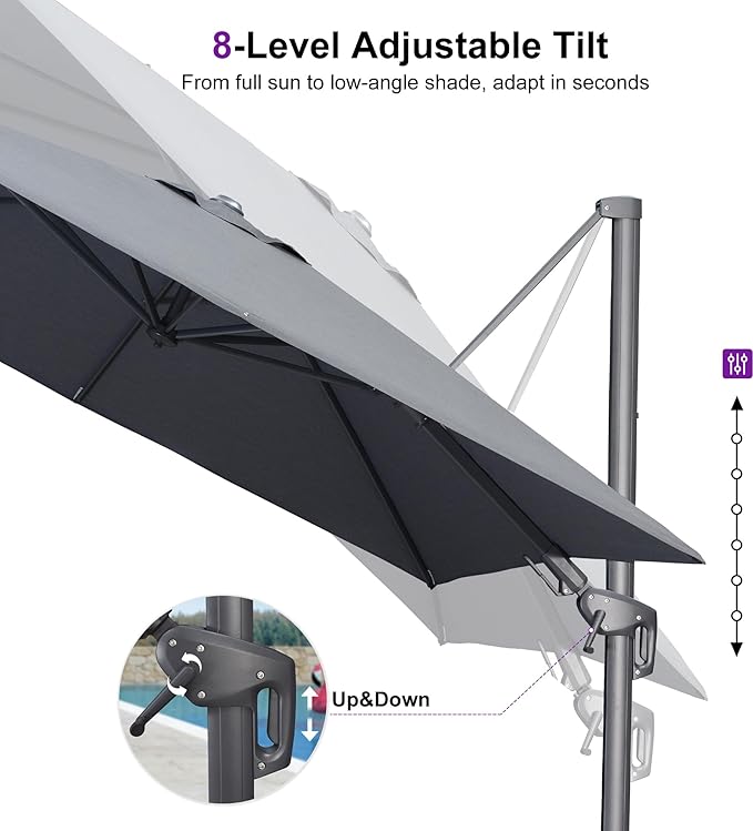 PURPLE LEAF 11' X 8' Swivel Outdoor Patio Aluminum Umbrella with Base Left-right Tilting Cantilever Offset Umbrella with UV Resistant Heavy Duty Fabric for Deck Pool Patio Backyard, Graphite Grey